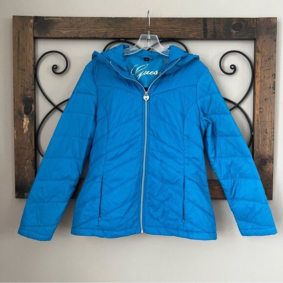 Guess Lightweight Puffer Jacket Coat Sky Blue Packable Travel SZ L - Picture 2 of 14